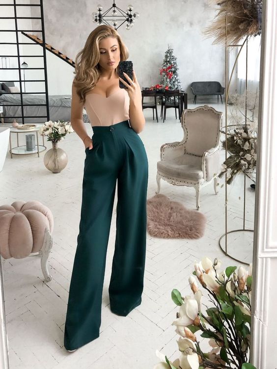 Dark Green Pants with Nude Bodysuit